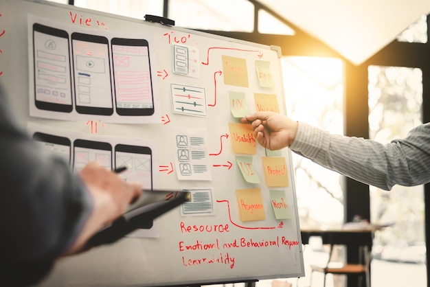 Team of ux ui designer mobile development experience app. Premium Photo