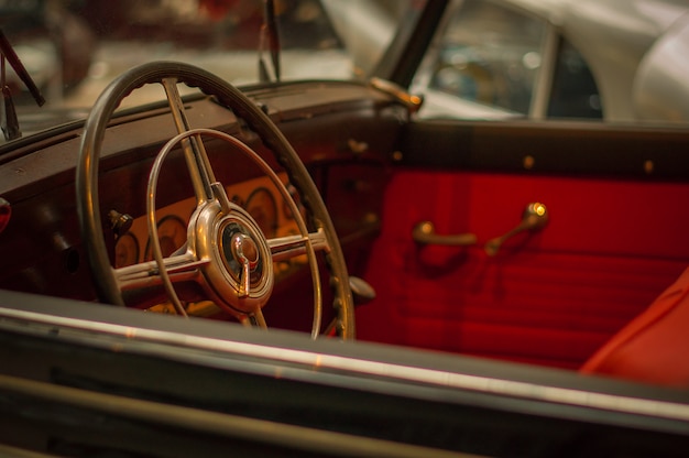 Technical Museum Old Retro Car Steering Wheel Red Interior