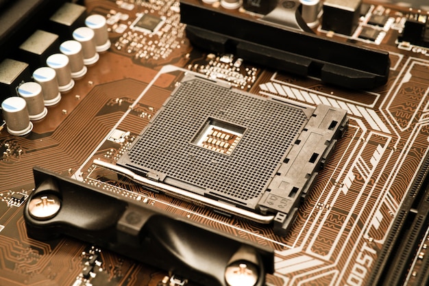 Technology background with computer server semiconductor processors cpu concept blue circuit board texture Premium Photo