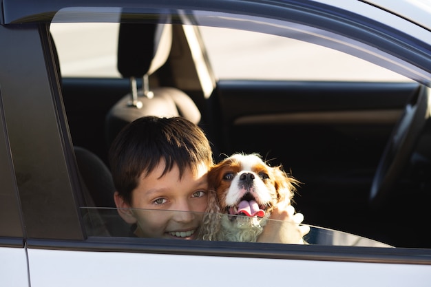 Premium Photo Teenager Boy Smiling Looking Through Window Of Car With His Dog Cavalier King Charles Spaniel Dreaming To Go On A Trip