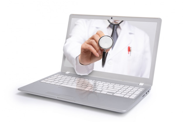 Telemedicine concept, doctor with a stethoscope on the computer laptop screen, Premium Photo