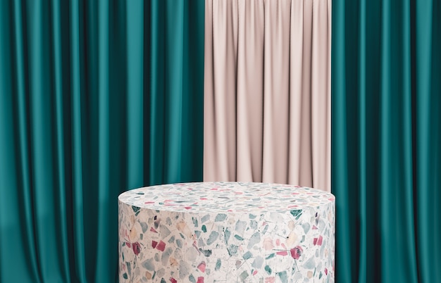 Terrazzo cylinder box podium with green curtain for product display. 3d render. luxury scene. Premium Photo