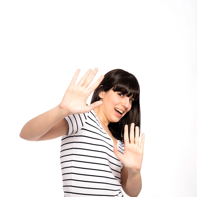 Terrified Woman Gesturing With Hands Photo Free Download.