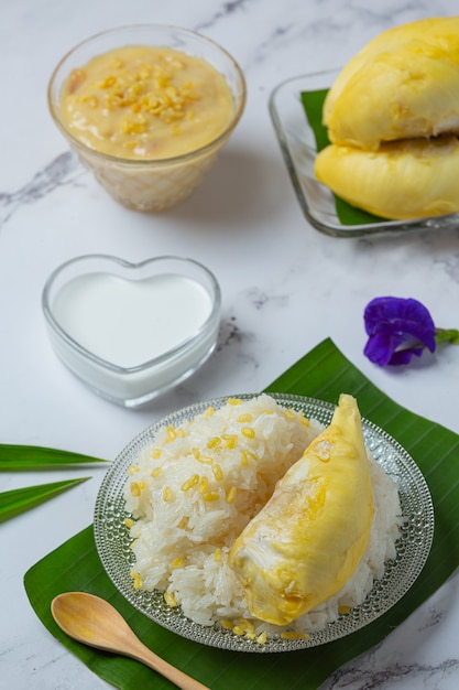 Free Photo | Thai sweet sticky rice with durian in a dessert.