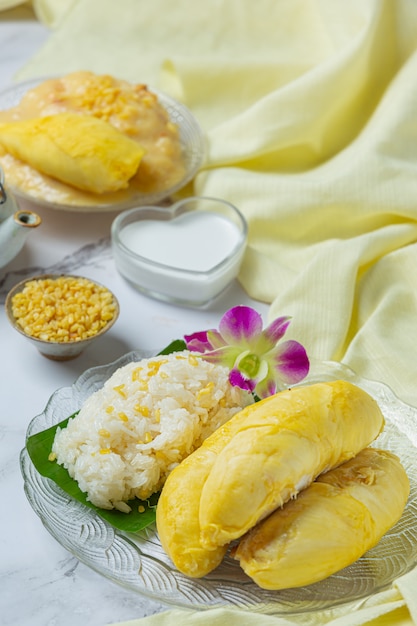 Free Photo | Thai sweet sticky rice with durian in a dessert.