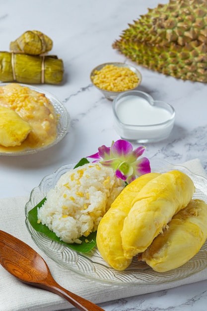 Thai sweet sticky rice with durian in a dessert. | Free Photo