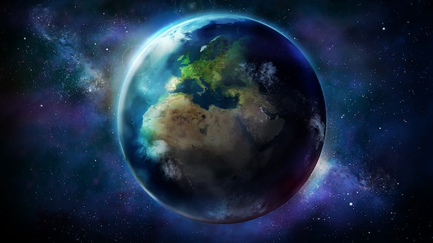 アフリカ ヨーロッパ アジアを示す宇宙から見た地球の半日 プレミアム写真