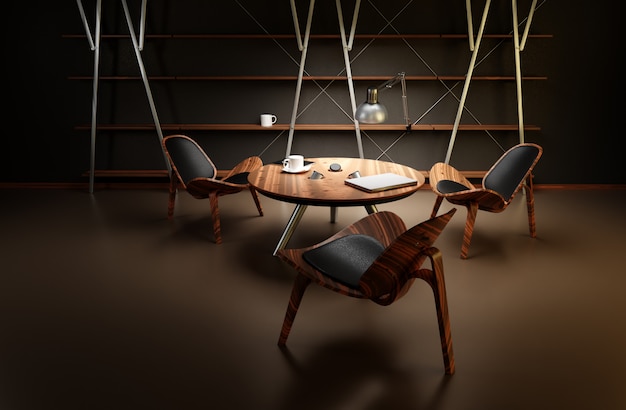 3つの椅子とテーブルを備えた薄暗い部屋のインテリアは モダンなビジネススタイルで作られています プレミアム写真