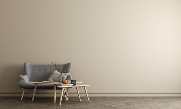 最小限のインテリアとベージュの壁の背景のモックアップ家具デザイン プレミアム写真