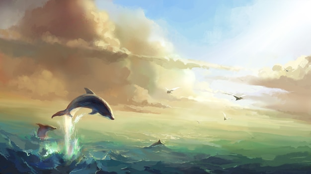 太陽の下の海 ジャンプするイルカのイラスト 無料の写真