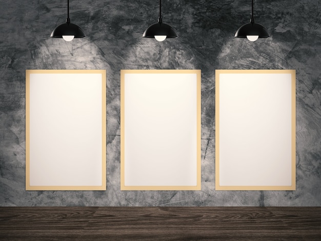 Premium Photo | Three blank frames hanging on cement wall