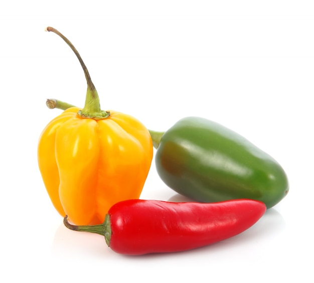 Three colored chili  pepper  vegetables  isolated Premium Photo