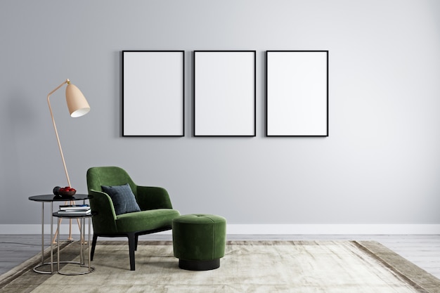 Download Premium Photo | Three empty frames with armchair with ...