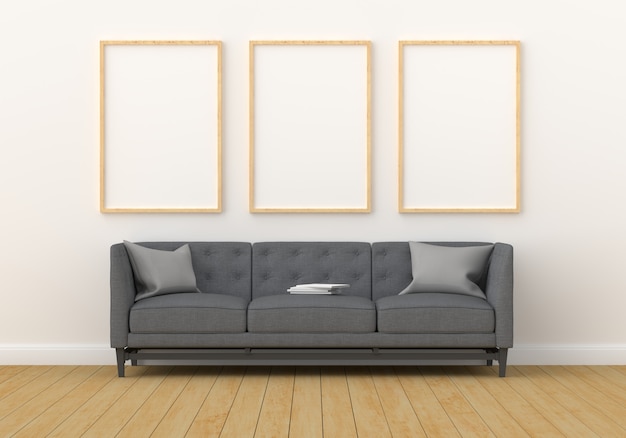 Download Premium Photo Three Empty Photo Frame For Mockup In Modern Living Room PSD Mockup Templates