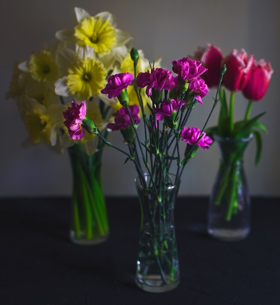 カーネーション 水仙 チューリップの3つのガラスの花瓶 無料の写真