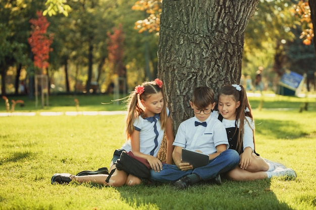 Three smiling teenage school friends sitting in park on grass and playing new tablet game together. different emotions on their faces Premium Photo
