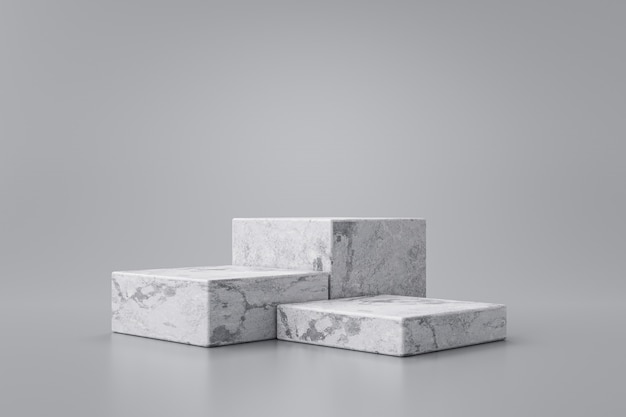 Three step of white marble product display on gray background with modern backdrops studio. empty pe