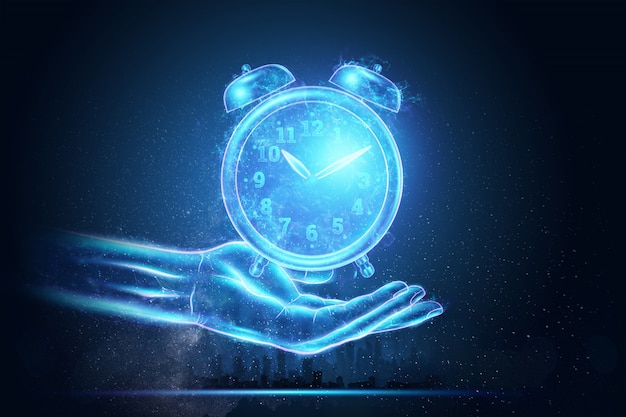 Premium Photo | Time management concept, hologram alarm clock image