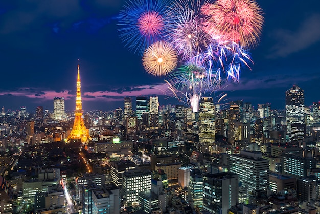 Premium Photo | Tokyo at night, fireworks new year celebrating over