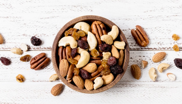 Top view of bowl with assortment of nuts Free Photo