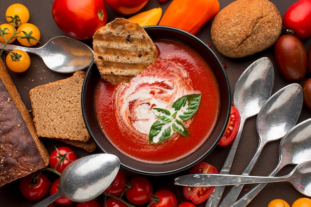 Top view of bowl with winter tomato soup and toast Free Photo