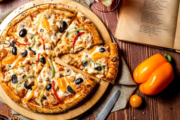 Free Photo | Top view chicken pizza with yellow cherry tomatoes and ...