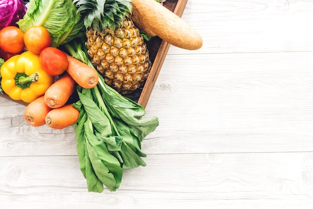 Premium Photo Top View Of Different Fresh Fruits And Vegetables On The White Wooden Table