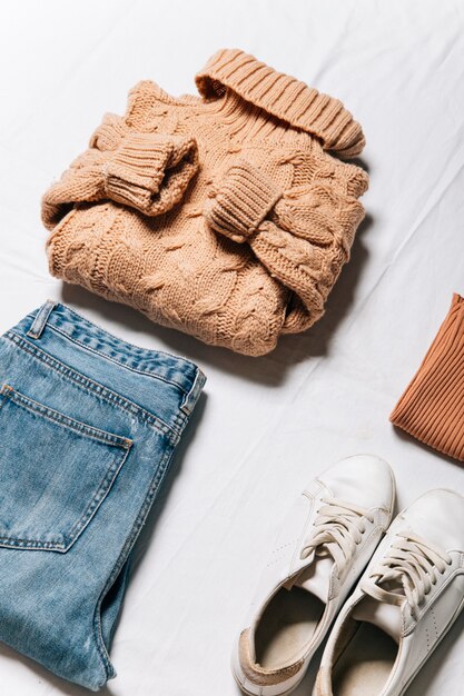 Premium Photo | Top view of flat lay clothes and accessories