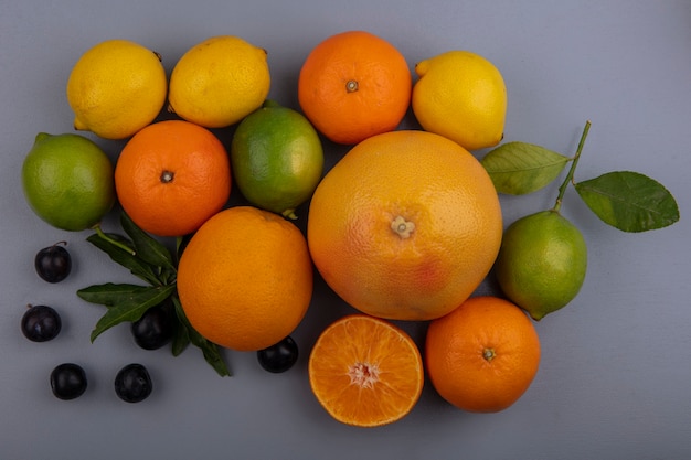 Free Photo Top View Grapefruit With Oranges Lemons Limes And Cherry Plums On Gray Background