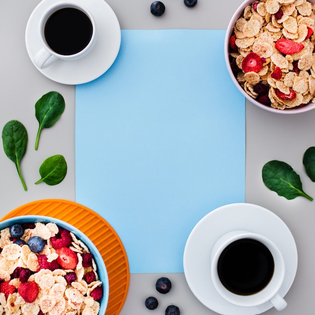 Top view of healthy breakfast with empty frame Free Photo