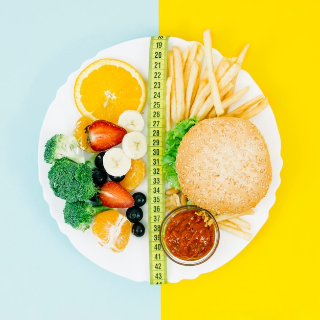 Top view healthy food vs unhealthy food Premium Photo