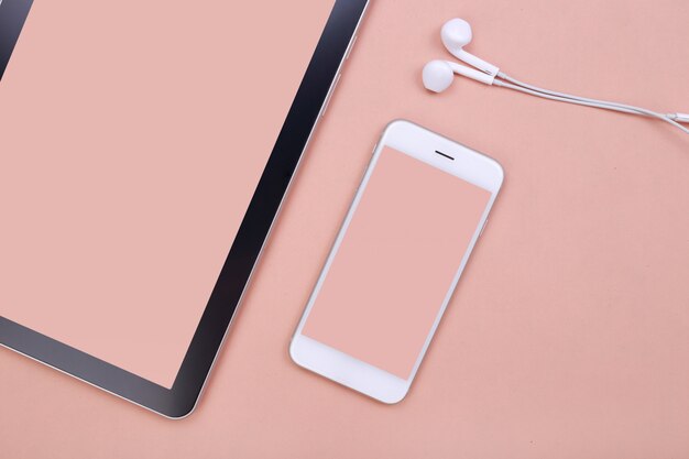 Premium Photo Top View Mockup Smartphone And Tablet On Pink Pastel Background