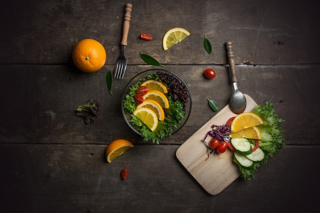 top view of cutting board with ingredients for salad_1150 263