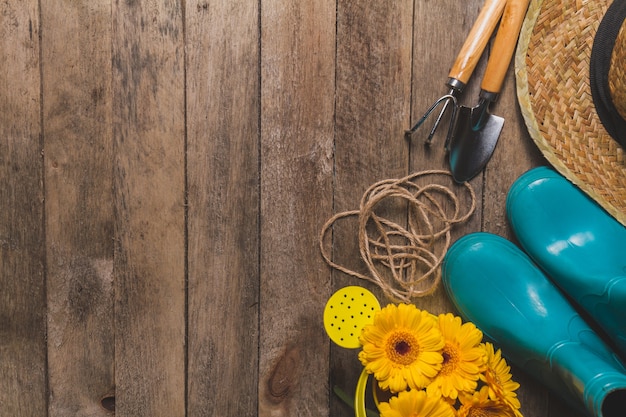Top view of several gardening objects on wooden table Free Photo Top view of several gardening objects on wooden table Free Photo