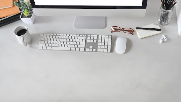 Top View Shot Of Office Desk With Marble Table Office Equipment