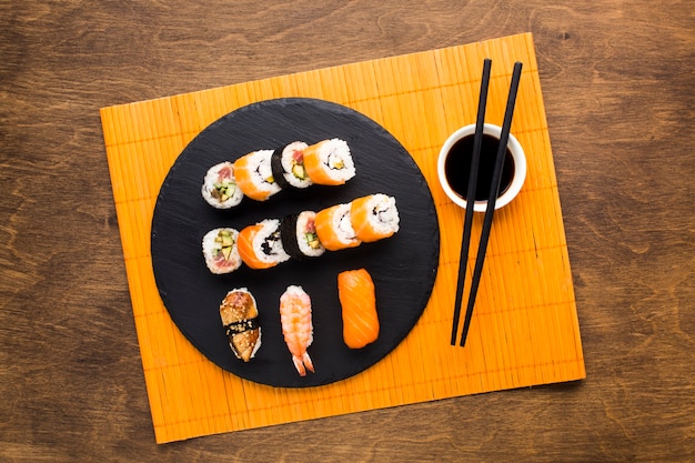 Top View Sushi Plating On Bamboo Mat Photo Free Download