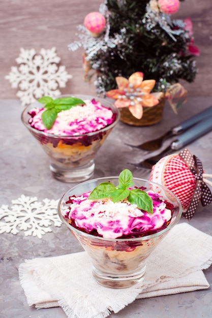 Traditional Russian Appetizer Of Boiled Vegetables And Fish A