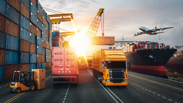 Transportation and logistics of container cargo ship and cargo plane Premium Photo