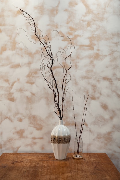 Premium Photo Tree Twigs Decoration In Ceramic Vase On Wooden Table
