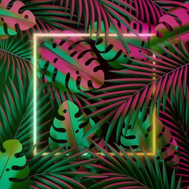 Premium Photo Tropical Palm Leaves And Monstera Background With Neon