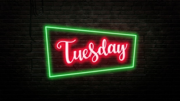 Premium Photo | Tuesday sign emblem in neon style on brick wall background