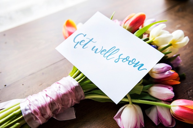 Premium Photo Tulips Flowers Bouquet With Get Well Soon Wishing Card