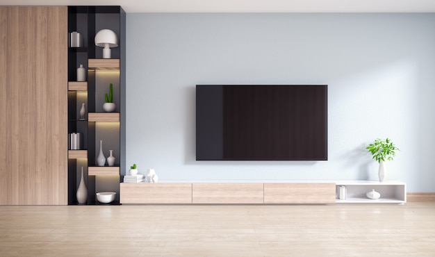 Premium Photo Tv Cabinet And Display With On Wood Flooring And Light Gray Wall Minimalist And Vintage Interior Of Living Room 3d Rendering