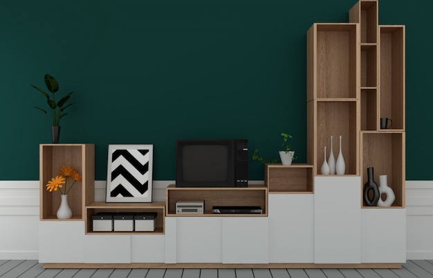 Tv On Cabinet In Modern Empty Room Dark Green Wall On Wooden