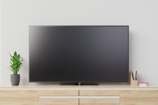 Download Premium Photo Tv Mockup With Blank Black Screen On Cabinet 3d Rendering PSD Mockup Templates