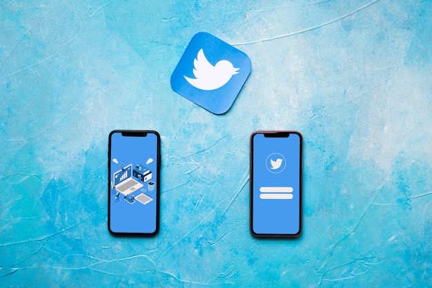 Twitter application icon and two cellphone on blue painted wall | Free