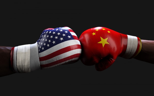 Premium Photo Two Boxer Fighting Us And China Flag Trading Punches