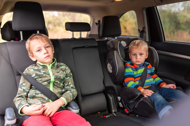 Premium Photo | Two little boys sitting on a car seat and a booster ...