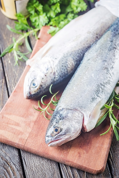 Premium Photo Two Rainbow Trout On A Cutting Board With Herbs Ready For Cooking