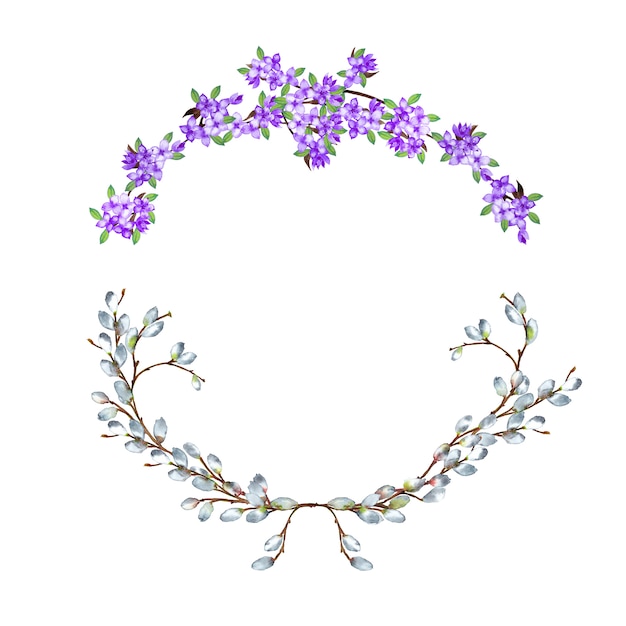 柔らかいフレームのリアルな柳とライラックの枝の2つの半円の花輪 水彩イラスト プレミアム写真